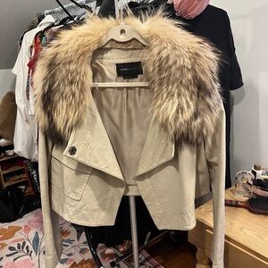 BCBGMaxAzria Beige Trench Coat with Faux Fur Collar